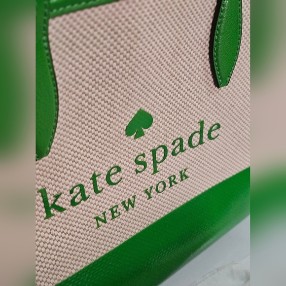 Kate Spade Green Canvas Logo Satchel Crossbody Strap Cherry Charm - Picture 10 of 16